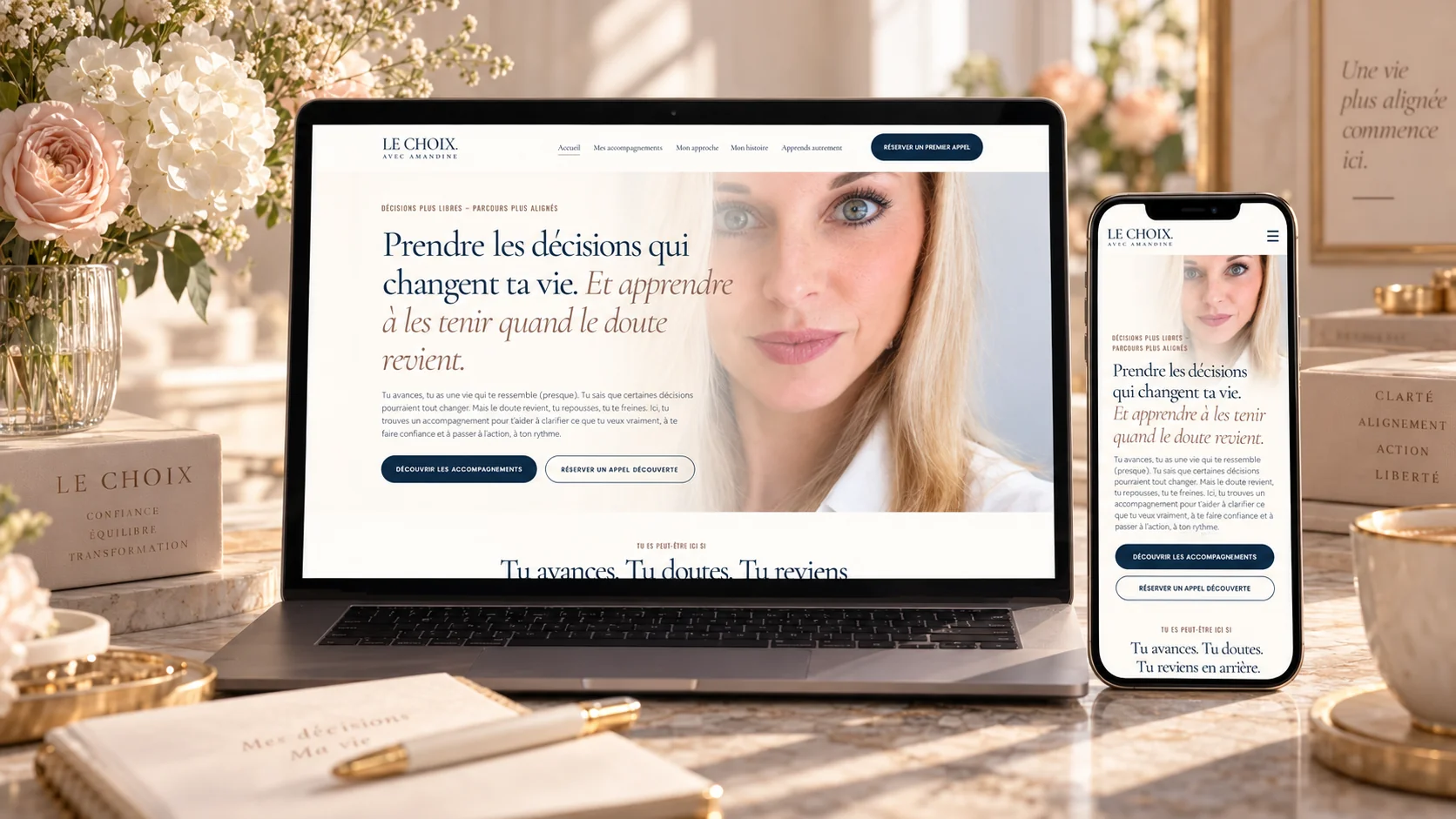 Présentation du site Le Choix avec Amandine sur ordinateur et téléphone